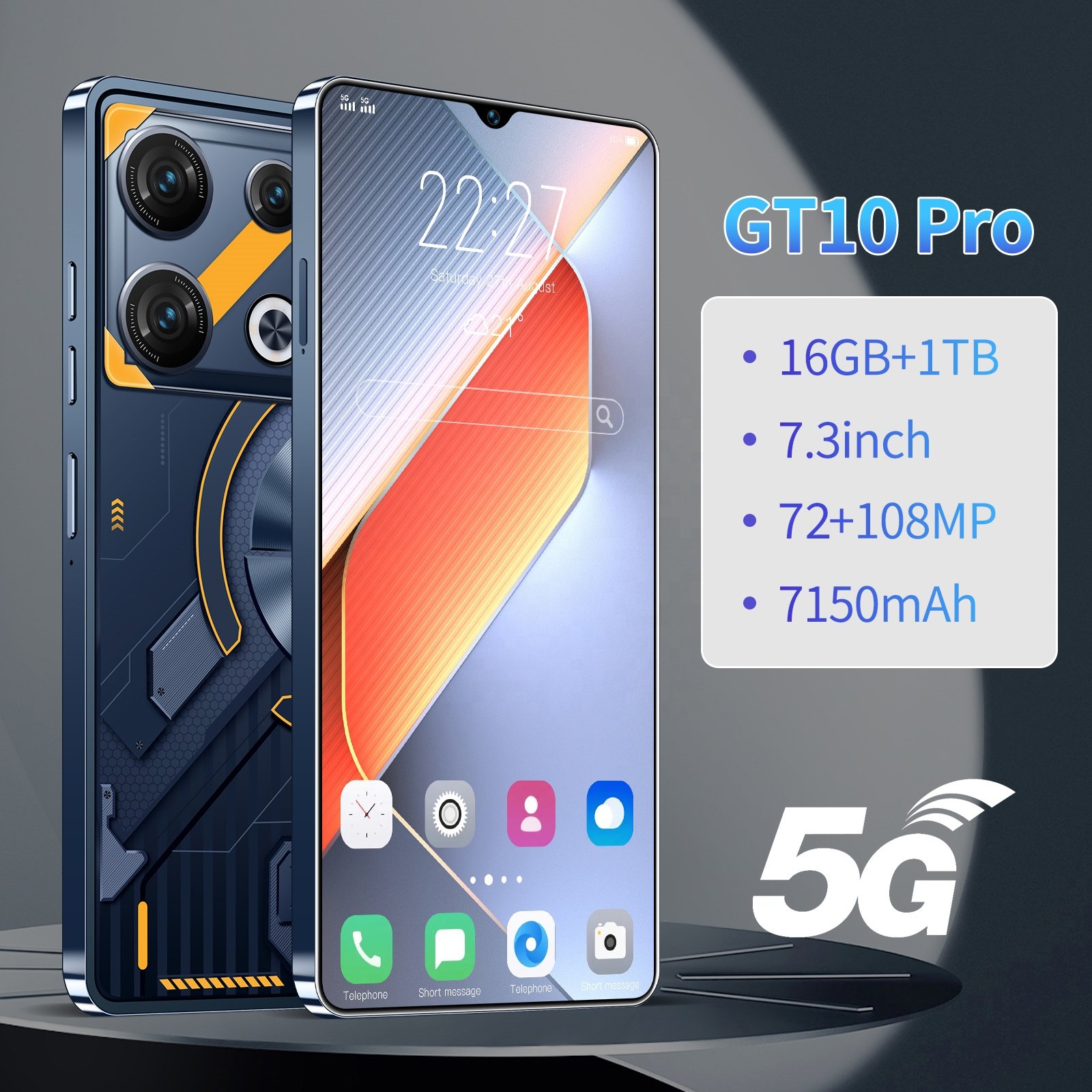 Hot Selling original 5G smartphone GT10 pro 7.3 inch Face Unlock 16GB+1TB mobilephone High quality Android14 Cellphone